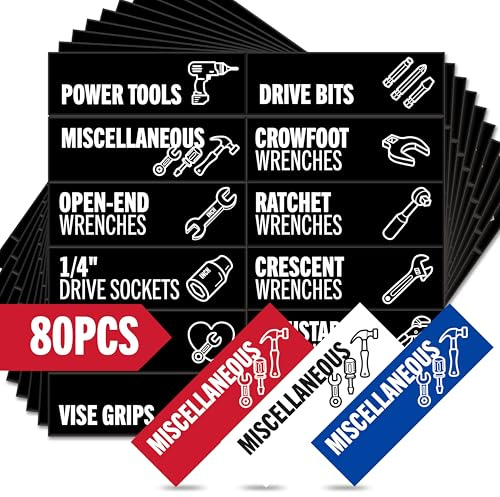 Toolbox Organization Magnetic Labels - 80 Large, Tool Chest Organizer Labels with Strong Magnets & Easy to Read Printing - Fits All Brands of Steel Tool Box Drawers (Black 3.125 x 1.0 Inches)