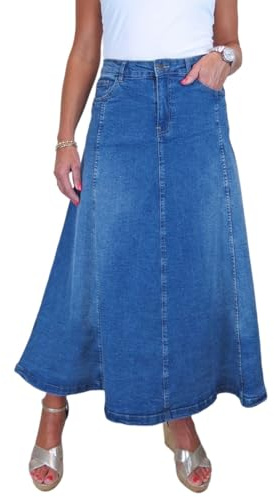 Paulo Due Women's Flared Stretch Denim Maxi Skirt Fade Mid Blue 12-22 (10)
