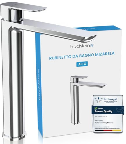 Bächlein Badarmatur Mizarela hoch in klassischem Design, Einhebelmischer für Aufsatzwaschbecken mit langlebiger Keramikkartusche und Montage-Set, Bad Wasserhahn Chrom - flacher Auslauf