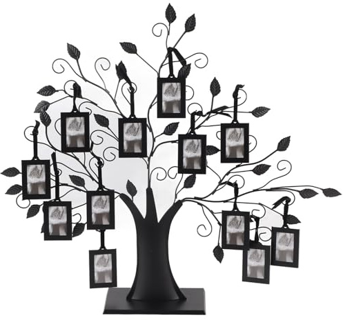 Portafotos Árbol Genealógico de Metal Grande con 12 Marcos | Exhibición de 12 fotos familiares con diseño de ramas y hojas, Estructura de metal con pintura negra, Portarretratos de mesa