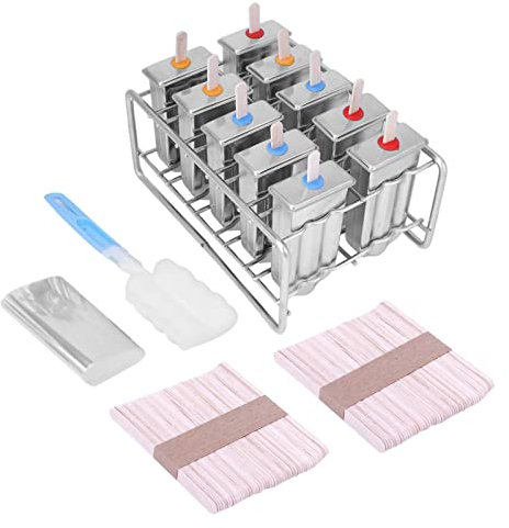 Yctze Máquina para Hacer Paletas de Helado de Acero Inoxidable con 10 Moldes, Molde para Paletas con Soporte para Palitos, Que Incluye 100 Palitos, Uso Doméstico y
