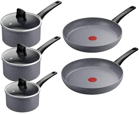 Tefal Healthy Cook On Cookware Set, Frying Pan (24/28 cm), Saucepan with Lid (16/18/20 cm), Mineralia Non-Stick Coating, Thermo-Signal™, Eco-Friendly, E120S544