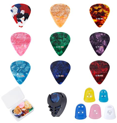36St Rutschfestes Gitarrenplektren Set, 3 Stärken 0,46/0,71/0,96mm Zelluloid Gitarren Picks mit gitarren fingerschutz und Plektrenhalter für Akustikgitarre E-Gitarre Bass und Ukulele