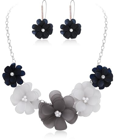Ever Faith Black Flower Statement Necklace Boho Summer Holiday Beach Jewelry Floral Flowers Collar Necklaces with Earrings for Women
