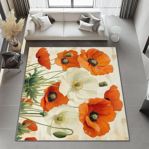 Teppich Moderner Bett für Schlafzimmer 160 x 230 cm Pflanzen Eleganz Blumen Ölgemälde Waschbarer Kurzflor Weicher rutschfest Teppiche für Wohnzimmer Büro Bereich Esszimmer Küche, Rot Creme