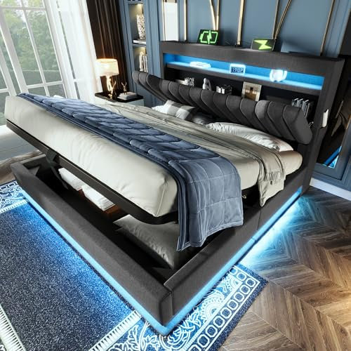 Huayz Polsterbett 140x200cm, LED Doppelbett mit Stauraum und Lattenrost, Kopfteil mit Staufach und USB- und Typ-C Ladefunktion, Hydraulisch Stauraumbett Rückenlehne,Leinenstoff, ohne Matratze