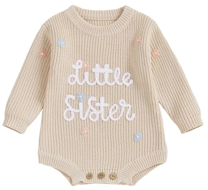 XIXIMAON Baby Girl Sweater Little Sister Flower Embroidery Long Sleeve Crew Neck Knitted Rompers Newborn Autumn Winter Bodysuits Girls Jumpsuit 0-12M (Apricot, 6-9 Months)