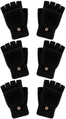 Geyoga 3 Paquets Gants sans Doigts avec Couverture Mitaines Convertibles Moelleuses Mitaines avec Rabat(Noir,10-15 ans)