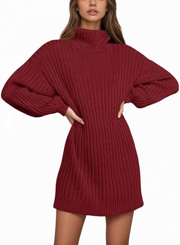 Saodimallsu Vestito a maglia da donna a maniche lunghe con collo alto oversize con maniche a lanterna minidress casual tinta unita pullover autunno inverno, rosso vivo, S
