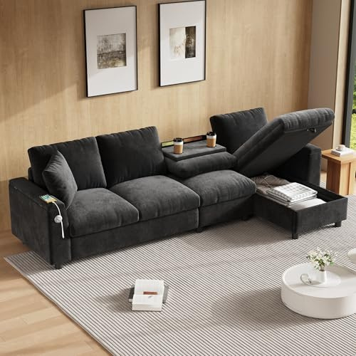KecDuey Sofá en forma de L, sofá de tela de chenilla, esquina y dos reposabrazos con espacio de almacenamiento. Mesa de centro plegable con dos soportes para bebidas, 1 USB y 1 tipo C. Parte en forma