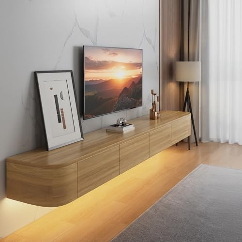 YINXSLO Floating TV Unit with Drawer – Pre-Assembled Wooden Wall Mounted TV Cabinet, Modern Floating Media Console for Living Room, Space-Saving TV Storage Unit (Wood+led, 140cm/55in)