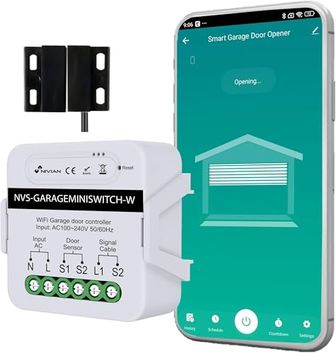 NIVIAN Abridor puerta garaje WiFi Controlador inteligente para motor de Puerta de Garaje por app TUYA. Programación Horaria, Temporizador y Escenas Inteligentes. Compatible con Alexa y google home.