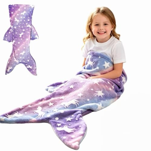 QIANSSE Mermaid Tail Blanket, Soft Plush Flannel Wearable Snuggle | Glow in The Dark, Unicorn Blanket Design, Cozy Mermaid Toy for Lounging & Swimming, All-Season Kids Blanket