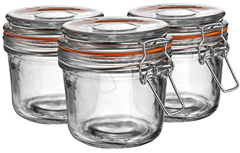 Argon Tableware Glass Jars with Airtight Metal Clip Lid - 350ml/12.3oz - 3 Pack - 4 Colour Seals - Medium Kitchen Storage Container Round Preserving Jar for Pickling, Chutney, Jam, Coffee