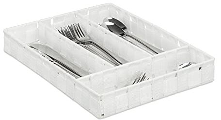 Relaxdays Portaposate, Divisore per Posate da Cassetto, 4 Scomparti, Utensili, Intrecciato, HxLxP: 4,5x26x36 cm, Bianco