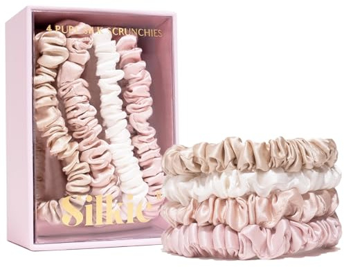 SILKIE 4er-Set 100% reine Maulbeerseide, neutrale, rosa, dünne Haargummis mit Reisebeutel, Haargummis für jeden Tag, Haarpflege, Pferdeschwanzhalter, ohne Haarschäden (Nude)