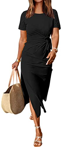 ANRABESS Women's 2025 Summer Maxi Tshirt Dress Short Sleeve Crewneck Tie Waist Casual Slim Fit Slit Spring Long Beach Dresses Black Medium