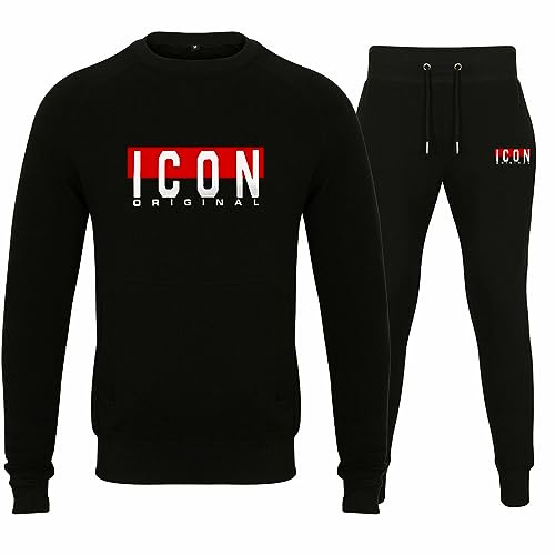 Men’s Tracksuit Sets Fleece Top Bottoms Jogging Joggers Gym Casual Exercise Running Sweat Suit Pants Men Round Crew Neck Icon Full Tracksuit Set Stretchable (UK, Alpha, M, Regular, Regular, Black)