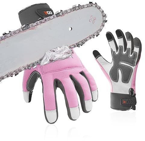 Vgo... gants de tronçonneuse 12-couches de protection sur les deux mains,cuir de vache, gants de travail forestier écran tactile pour les femmes (CA976CS-FM) (Rosée, S)