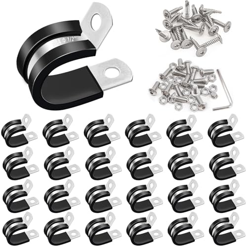 Taiss 50Pcs 1/2 Inch Cable Clamps 304 Stainless Steel Rubber Coated Insulated Clamps 13mm,Anti‑Vibration Hose Tube Clips,Rust Resistant for Automotive Wire,Pipe Mounting,Cable Management,With Screws