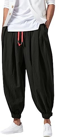 Haremshose Herren Baggy Leicht Leinenhose Herren Lang Luftig Freizeithose Sommer Aladinhose Bequeme Casual Streetwear Lose Fit Yoga mit Taschen Pumphose Taille Hosen 01# Schwarz 3XL