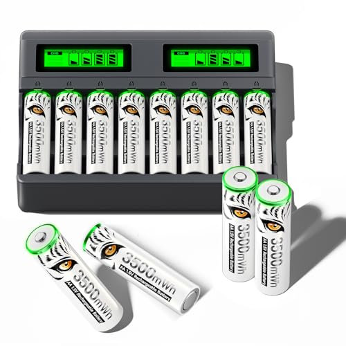 Mspalocell Batería de Litio AA Recargable con Cargador, 8 Piezas Pilas AA 1.5v 3600mWh, 8 Ranuras USB C Tipo-C Carga Independiente LCD Cargador Rápido Inteligente para Batería AA