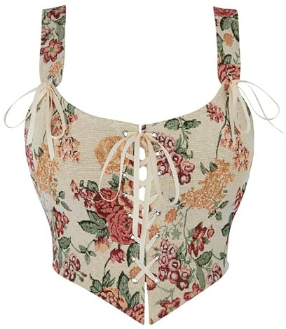 Dreay Womens Vintage Floral Print Grommet Lace Up Tie Front Corset Bustier Shapewear Top 22159-Cream-S