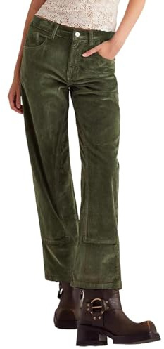 LifeShe Pantaloni in velluto a coste da donna, casual, elasticizzati, a vita media, gamba dritta, con tasche, Verde, S