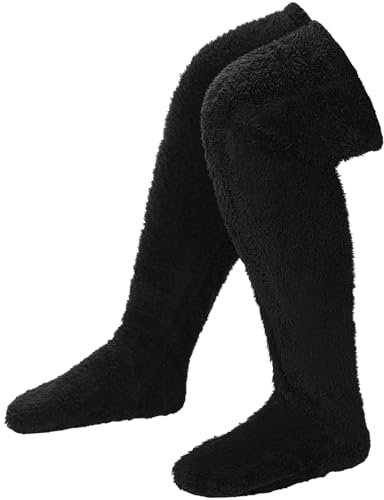 Sintege Plüsch Overknees Socken Flauschig Wintersocken Kniestrümpfe Warme Kniestrümpfe Hause Männer Damen(Lang,Schwarz,1 Stk)