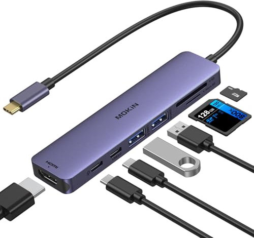 USB C Hub, USB C Multiport Adapter für MacBook Pro/Air, 7 in 1 MacBook Adapter USB C auf HDMI Hub, 2USB 3.0, PD,SD/microSD,Type C Daten für iPad, Lenovo und mehr Type-C Geräte (Lila)