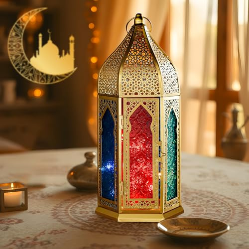 TRIROCKS Decorative Large Moroccan Candle Lantern Metal Vintage Oriental Garden Candle Holder Arabian Hanging Tealight Ramadan Lanterns with Tempered Glass for Home Decor Indoor Outdoor Party Events
