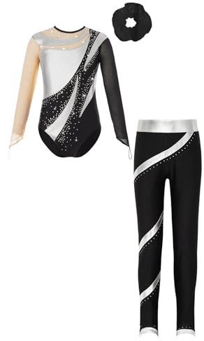 MTKSFDC Trainingsanzug Mädchen Kinder-Mädchen-Tanz-Set mit glänzenden Strasssteinen, langärmeliges Trikot mit Rückenausschnitt, Bund, Hose und Stirnband for Skating-Gymnastik(Silver Black,12)