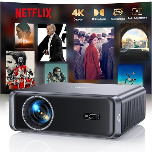 Portable 4K Projector【1000ANSI/Netflix-Licensed/DoIby Audio】Smart FHD 1080P Projectors for Bedroom,Fully Automatics,Built-in Apps, MEMC Tech,Bluetooth5.4 WiFi6 Projector for Home Cinema,Outdoor,Gifts