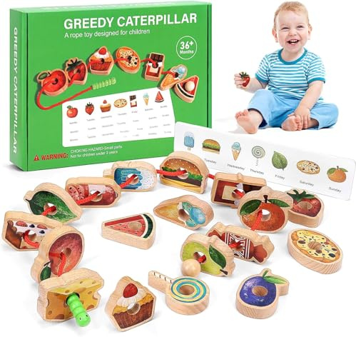 RuiDay Wooden Greedy Caterpillar Threading Toys, with 18 Blocks & 8 Cards | Montessori Fruits Food Caterpillar Lacing Beads Toys, Educational Fine Motor Skills Toy