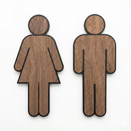 WC Schild Damen & Herren mit Nussbaumholz Dekor – Unisex Toilettenschild aus Kunststoff – Türschild für WC/Bad – Piktogramm Set für Büro, Praxis, Gastronomie & Zuhause