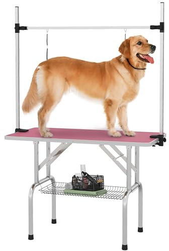 PawHut Tavolo da toelettatura pieghevole, Tavolo da toelettatura con griglia in metallo, piano di lavoro antiscivolo, barra regolabile in acciaio inox, per cani, gatti, 107x60x164 cm, rosa