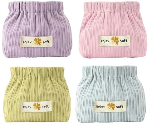 4Pcs Corduroy Elastic Hair Tie Organizer, Corduroy Elastic Storage Bags, Cosmetic Bag, Portable Squeeze Top Small Pouch for Women Cosmetic Coin Travel Storage Lipstick (Pink+Purple+Green+Blue)