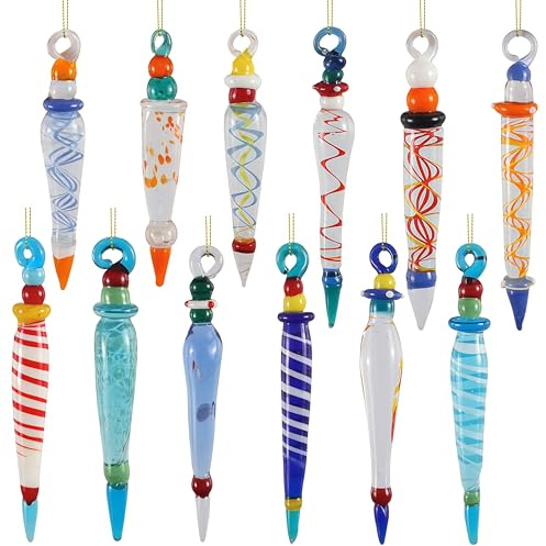JOYIN 12Pcs Colorful Glass Icicle Ornaments with Crystal Line for Christmas Tree Decorations, 3.54-3.7 Xmas Tree Hanging in 12 Different Designs