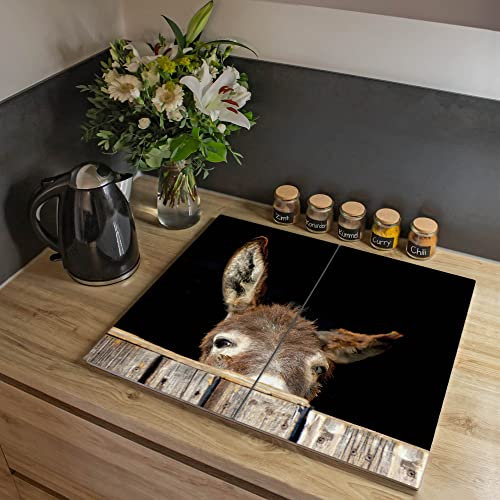 banjado® Herdabdeckplatte Glas 2-teilig 60x52 cm/Schneidebrett Herdabdeckung mit Motiv Esel/Herdabdeckplatten Ceranfeld 2teilig / Schneidebrett Glas individuell einsetzbar