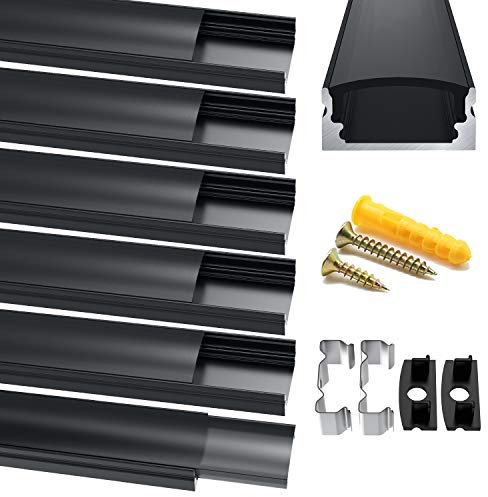 Chesbung LED Aluminium Profil Schwarz, 6X1m U Form Kanäle Leisten Profil, LED Eckprofil Aluprofil für LED Streifen (1-12mm), mit Endkappen, Metall Befestigungs Clips und Montagematerial