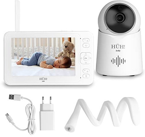 HÜH! Baby Monitor Video e Audio 5” Senza WiFi – Telecamera Neonati HD, Visione Notturna, Audio Bidirezionale, Modalità VOX, Batteria 3600mAh