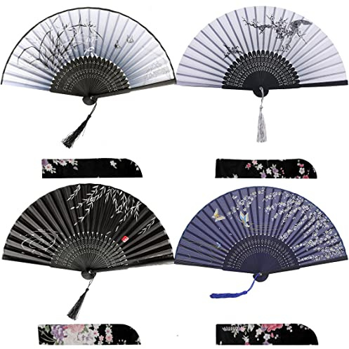 iZoeL Abanicos Boda Abanico Mano Tela Abanicos Plegable Abanico Regalo Invitados Abanico Bautizo Japonés (2 Gris + Negro + Azul)