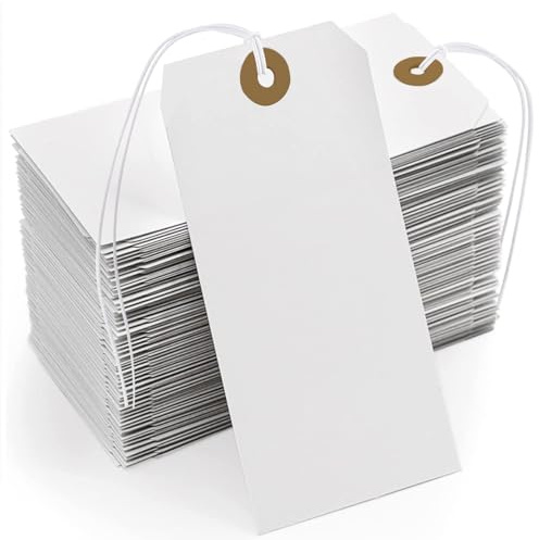 Etichette bianche con cordino attaccato, 200 etichette grandi in carta da appendere con corda elastica, scrivibili, etichette regalo vuote per tutte le occasioni