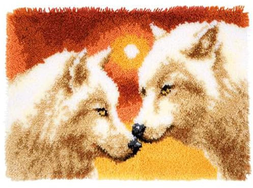 hifrom Knüpfteppich Zum Selber Knüpfen Set, 50x38cm DIY Knüpfhaken Teppich Set Knüpfsets Latch Hook Kit Kreuzstich Set für DIY Handwerk Geschenke Fußabtreter Hauptdekoration (Wolf)