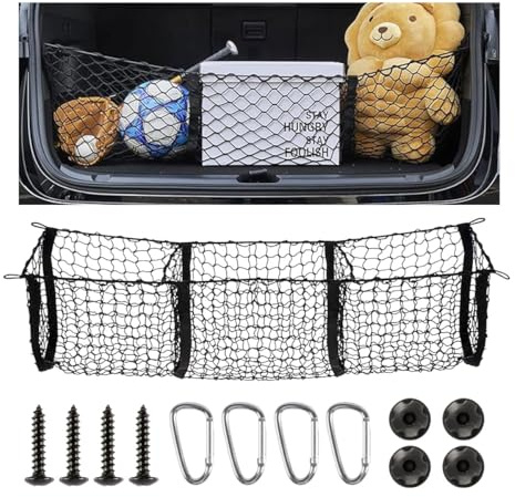 Detachable Cargo Net for Car, Expandable 3 Pocket Heavy Duty Cargo Net Organizer with 4 Metal Carabiners, Compatible with SUVs, Cars, Pickup Trucks, Van Trunk Beds