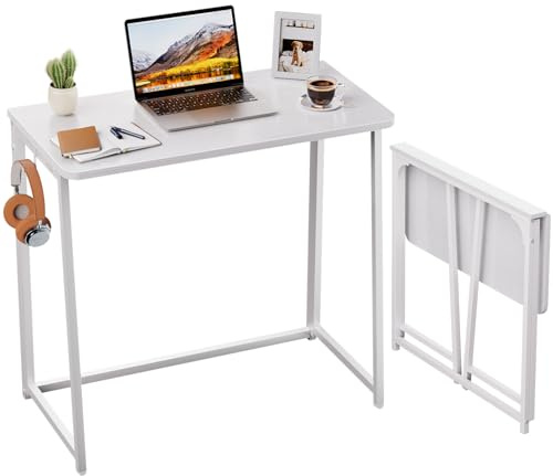 WOHOMO Folding Desk,80cm Small Desk for Small Spaces,Easy Assemble Foldable Computer Desk for Laptop,Mini Portable Working Table Narrow Wooden Writing Workstation for Home Office,White