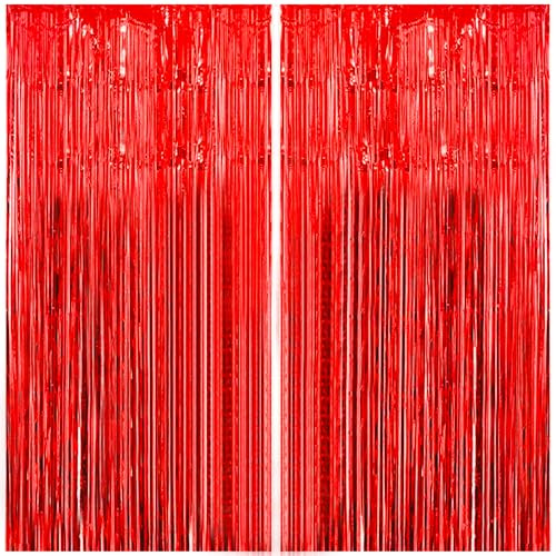 Tinsel Curtain - 2pcs 3.2ft x 6.5ft Tinsel Curtains Pastel Foils Fringe Party Decoration Background Door Curtains Hanging Streamers for Birthday School Party, Christmas New Year Decor (Red)