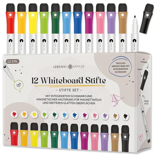LEBENSKOMPASS Whiteboard Marker 12er Set - langlebige Whiteboard stifte abwischbar - non Permanent Marker mit feiner Spitze - 12 verschiedene Marker