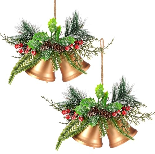 Tioncy Christmas Bell Hanging Ornaments 8.7 Large Rustic Metal Bell Decoration Xmas Hanging Decorative Bell with Red Berry for Christmas Wreath Tree Door Decor(Vintage Gold,2 Pcs)