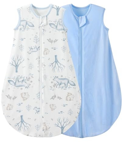 Duomiaomiao Baby Sleeping Bag 2 Pack 0.5 Tog Sleep Sack, Baby Summer Sleeping Bag 100% Cotton Baby Wearable Blanket Unisex Toddler Newborn Sleep Bag 18-36 Months, Bunny&Foxes